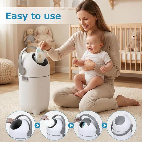 Diaper Pail with Airtight Lid, Odor-Free System with Drop-Flip Lid, No Special Bags Needed, 15 Liter/ 4 Gallon Diaper Trash Can, Holds Up to 16 Diapers, Baby Registry Must-Have White in Kuwait