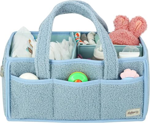 Diaper Caddy Organizer Large Portable Nursery Storage Basket, Soft Boucle Fabric with Removable Dividers, Zippered Pocket, Blue in Kuwait