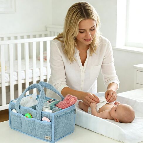 Diaper Caddy Organizer Large Portable Nursery Storage Basket, Soft Boucle Fabric with Removable Dividers, Zippered Pocket, Blue in Kuwait