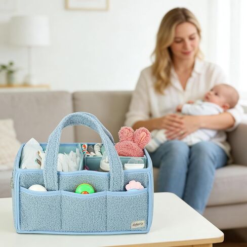 Diaper Caddy Organizer Large Portable Nursery Storage Basket, Soft Boucle Fabric with Removable Dividers, Zippered Pocket, Blue in Kuwait