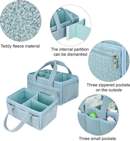 Diaper Caddy Organizer Large Portable Nursery Storage Basket, Soft Boucle Fabric with Removable Dividers, Zippered Pocket, Blue in Kuwait