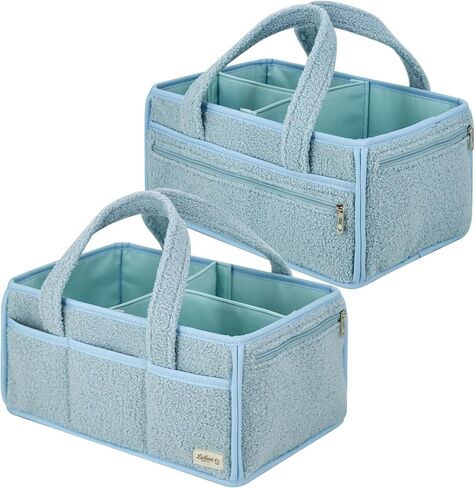 Diaper Caddy Organizer Large Portable Nursery Storage Basket, Soft Boucle Fabric with Removable Dividers, Zippered Pocket, Blue in Kuwait