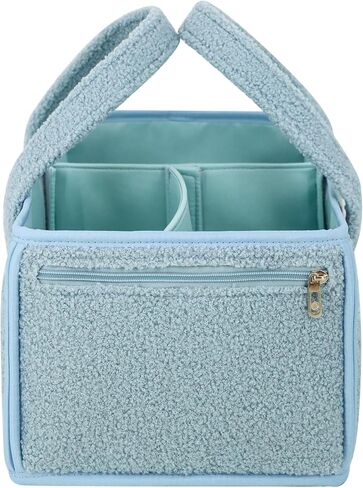 Diaper Caddy Organizer Large Portable Nursery Storage Basket, Soft Boucle Fabric with Removable Dividers, Zippered Pocket, Blue in Kuwait