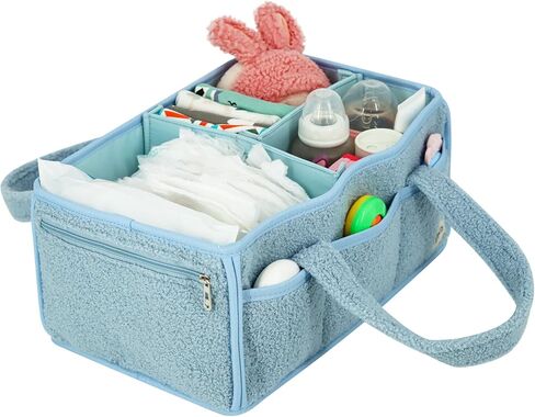 Diaper Caddy Organizer Large Portable Nursery Storage Basket, Soft Boucle Fabric with Removable Dividers, Zippered Pocket, Blue in Kuwait