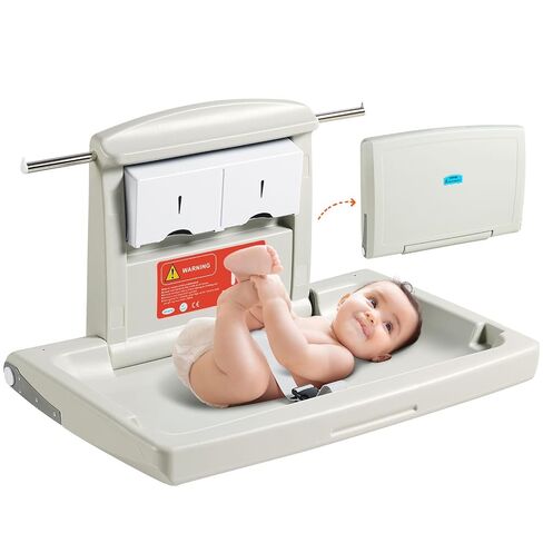 VEVOR Wall-Mounted Baby Changing Station, Horizontal Foldable Diaper Change Table with Safety Straps and Hanging Rods, Use in Commercial Bathrooms, Daycare Centers for Newborns & Infant in Kuwait