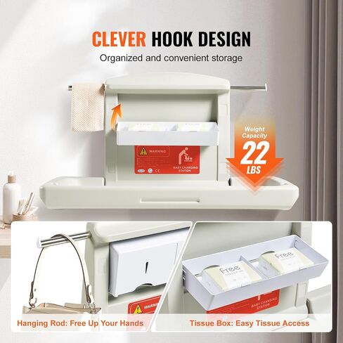 VEVOR Wall-Mounted Baby Changing Station, Horizontal Foldable Diaper Change Table with Safety Straps and Hanging Rods, Use in Commercial Bathrooms, Daycare Centers for Newborns & Infant in Kuwait