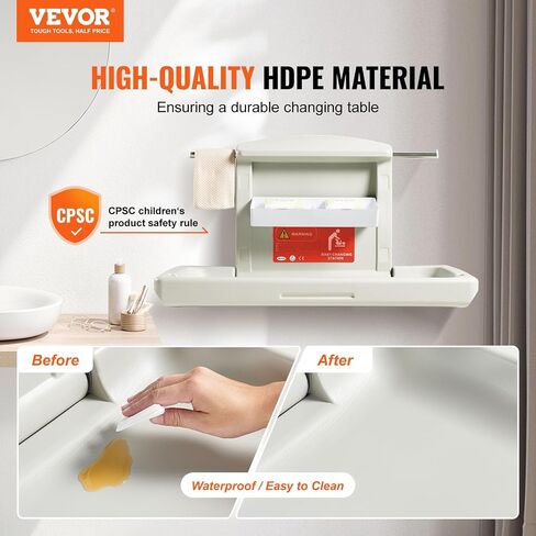 VEVOR Wall-Mounted Baby Changing Station, Horizontal Foldable Diaper Change Table with Safety Straps and Hanging Rods, Use in Commercial Bathrooms, Daycare Centers for Newborns & Infant in Kuwait