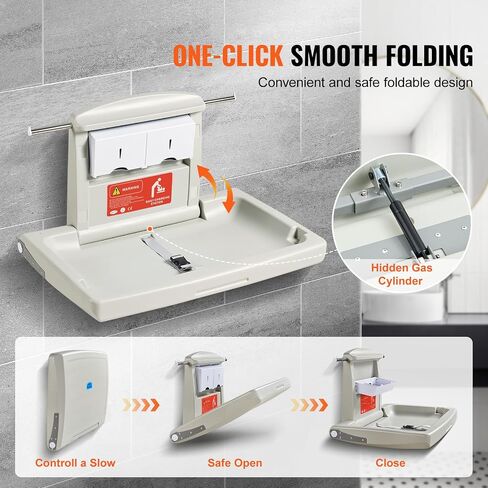 VEVOR Wall-Mounted Baby Changing Station, Horizontal Foldable Diaper Change Table with Safety Straps and Hanging Rods, Use in Commercial Bathrooms, Daycare Centers for Newborns & Infant in Kuwait
