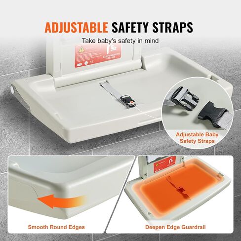 VEVOR Wall-Mounted Baby Changing Station, Horizontal Foldable Diaper Change Table with Safety Straps and Hanging Rods, Use in Commercial Bathrooms, Daycare Centers for Newborns & Infant in Kuwait
