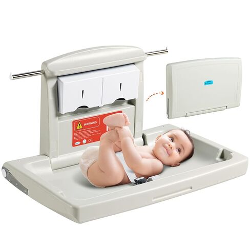 VEVOR Wall-Mounted Baby Changing Station, Horizontal Foldable Diaper Change Table with Safety Straps and Hanging Rods, Use in Commercial Bathrooms, Daycare Centers for Newborns & Infant in Kuwait