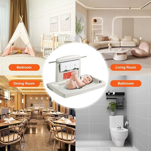 VEVOR Wall-Mounted Baby Changing Station, Horizontal Foldable Diaper Change Table with Safety Straps and Hanging Rods, Use in Commercial Bathrooms, Daycare Centers for Newborns & Infant in Kuwait