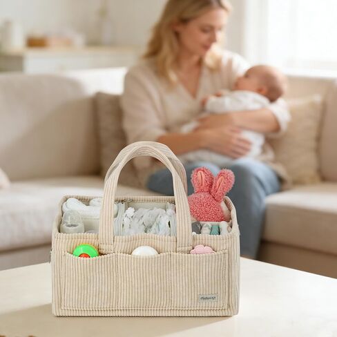 Diaper Caddy Organizer Beige Corduroy Nursery Storage Basket with Removable Dividers, Handles, Zippered Pockets for Baby Essentials in Kuwait