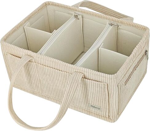 Diaper Caddy Organizer Beige Corduroy Nursery Storage Basket with Removable Dividers, Handles, Zippered Pockets for Baby Essentials in Kuwait