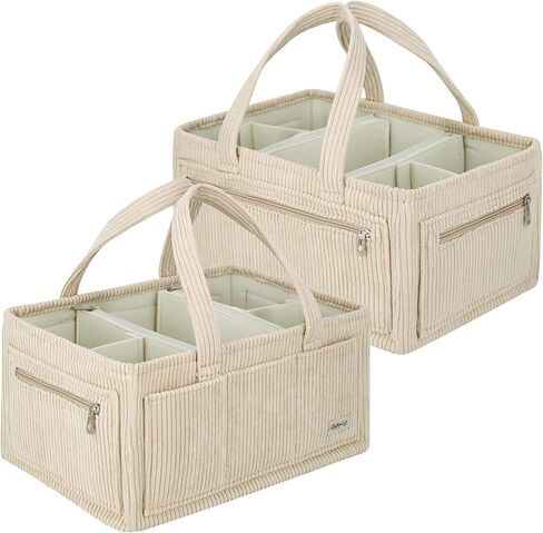 Diaper Caddy Organizer Beige Corduroy Nursery Storage Basket with Removable Dividers, Handles, Zippered Pockets for Baby Essentials in Kuwait