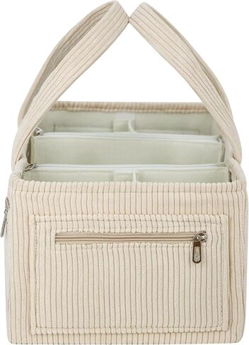 Diaper Caddy Organizer Beige Corduroy Nursery Storage Basket with Removable Dividers, Handles, Zippered Pockets for Baby Essentials in Kuwait