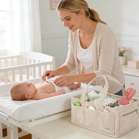 Diaper Caddy Organizer Beige Corduroy Nursery Storage Basket with Removable Dividers, Handles, Zippered Pockets for Baby Essentials in Kuwait