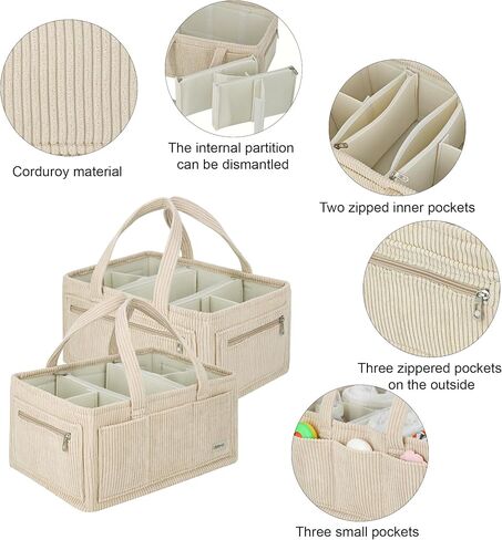 Diaper Caddy Organizer Beige Corduroy Nursery Storage Basket with Removable Dividers, Handles, Zippered Pockets for Baby Essentials in Kuwait