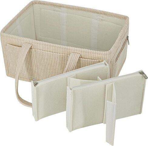 Diaper Caddy Organizer Beige Corduroy Nursery Storage Basket with Removable Dividers, Handles, Zippered Pockets for Baby Essentials in Kuwait