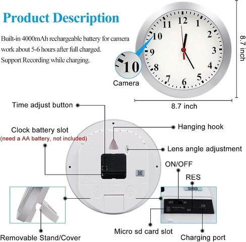 Wireless Security Camera Clock 1080P Secret Camera-No Sound | WiFi Security Camera Wall Clock Nanny Cam with Motion Detection Alarm/Remote View, Indoor Covert Security Camera Surveillance in Kuwait
