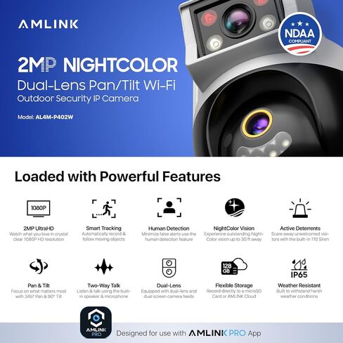 AMLINK 2X 2MP Dual-Lens WiFi Camera Outdoor, Human Detection, Motion-Tracking, w/ 2-Way Audio, Pan/Tilt Wireless IP Camera, NDAA Compliant, 30ft Night Vision, Built in Siren, AL4M-P402W in Kuwait