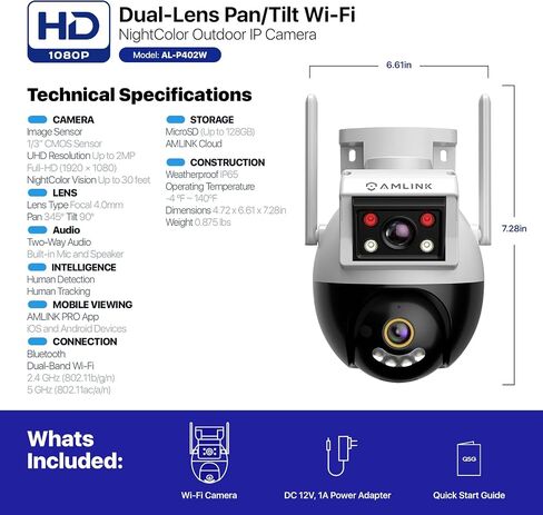 AMLINK 2X 2MP Dual-Lens WiFi Camera Outdoor, Human Detection, Motion-Tracking, w/ 2-Way Audio, Pan/Tilt Wireless IP Camera, NDAA Compliant, 30ft Night Vision, Built in Siren, AL4M-P402W in Kuwait