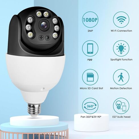 E27 Bulb Security Camera, 355° Pan & 95° Tilt Wireless WiFi Camera for Home Security, Easy Install Like Bulb Replacement, Motion Detection Auto Siren Alarm, Two-Way Audio, Full Color Night Vision in Kuwait