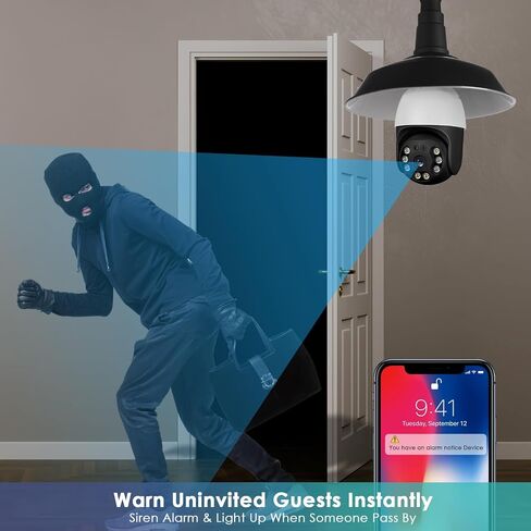 E27 Bulb Security Camera, 355° Pan & 95° Tilt Wireless WiFi Camera for Home Security, Easy Install Like Bulb Replacement, Motion Detection Auto Siren Alarm, Two-Way Audio, Full Color Night Vision in Kuwait