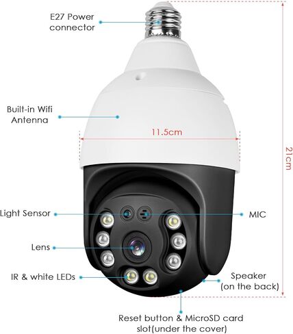 E27 Bulb Security Camera, 355° Pan & 95° Tilt Wireless WiFi Camera for Home Security, Easy Install Like Bulb Replacement, Motion Detection Auto Siren Alarm, Two-Way Audio, Full Color Night Vision in Kuwait