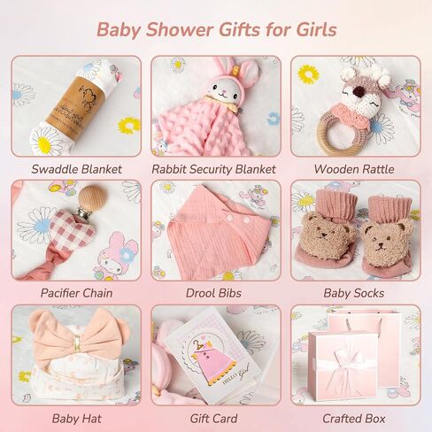 Strawberry Fairy 10 PCS Baby Gift Set for Girls, Newborn Essentials Stuff Baby Girl Gifts, Baby Girl Gift Basket, Gender Reveal Gifts Basket with Rattle Swaddle Blanket in Kuwait