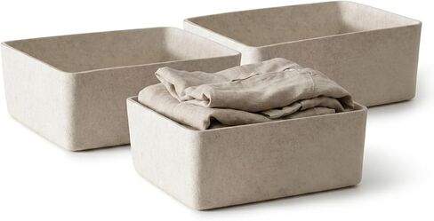 The Large Sculpted Bin Set of 3 Storage Bin Felt Storage Basket Drawer Organizer Bins Box Toy Pet Books Clothes Closet Cabinet Bathroom, Pantry, Kitchen 15" x 12" x 6" (Stone, Oatmeal) in Saudi Arabia