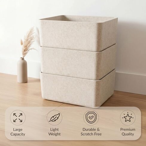 The Large Sculpted Bin Set of 3 Storage Bin Felt Storage Basket Drawer Organizer Bins Box Toy Pet Books Clothes Closet Cabinet Bathroom, Pantry, Kitchen 15" x 12" x 6" (Stone, Oatmeal) in Saudi Arabia