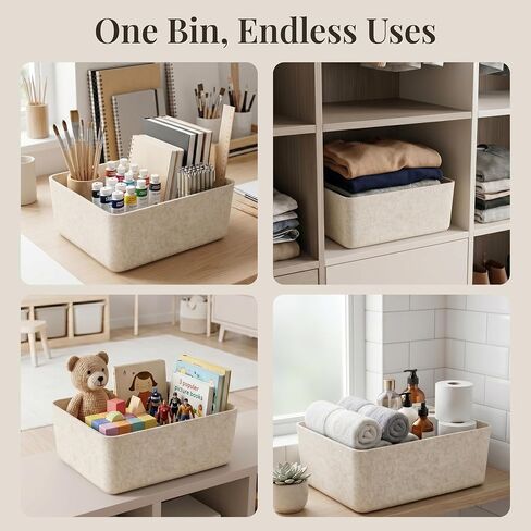 The Large Sculpted Bin Set of 3 Storage Bin Felt Storage Basket Drawer Organizer Bins Box Toy Pet Books Clothes Closet Cabinet Bathroom, Pantry, Kitchen 15" x 12" x 6" (Stone, Oatmeal) in Saudi Arabia