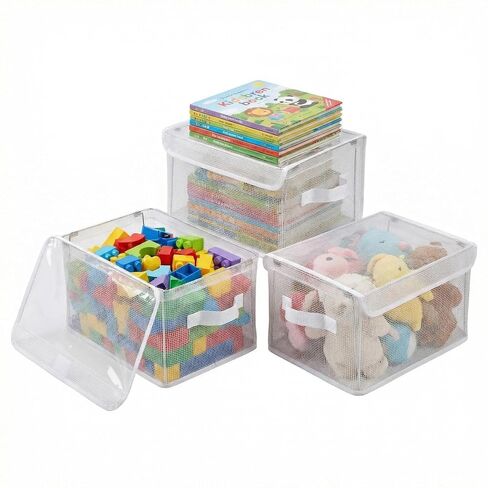 3-Pack 1 1.8"×9.45"×6.7" Clear Storage Bins with Lids & Handles, Foldable | Clear PVC transparent design,11 lbs load-bearing capacity,Kids toys/books/stuffed animal storage in Kuwait