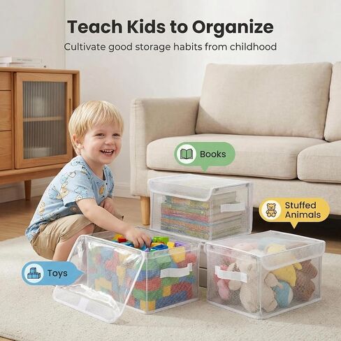 3-Pack 1 1.8"×9.45"×6.7" Clear Storage Bins with Lids & Handles, Foldable | Clear PVC transparent design,11 lbs load-bearing capacity,Kids toys/books/stuffed animal storage in Kuwait