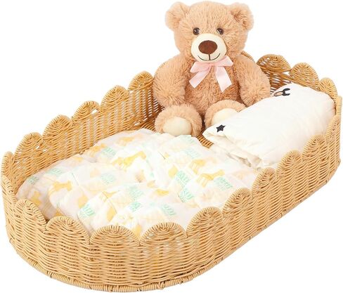 Handmade Scalloped Rattan Baby Changing Basket 30 x 16.5 x 5.1 Inch Changing Table Basket for Baby Dresser Extra High Sides Scallop Diaper Organizer for Nursery Decoration in Kuwait