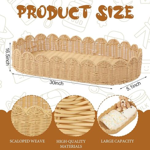 Handmade Scalloped Rattan Baby Changing Basket 30 x 16.5 x 5.1 Inch Changing Table Basket for Baby Dresser Extra High Sides Scallop Diaper Organizer for Nursery Decoration in Kuwait