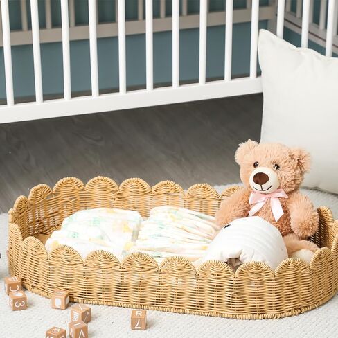 Handmade Scalloped Rattan Baby Changing Basket 30 x 16.5 x 5.1 Inch Changing Table Basket for Baby Dresser Extra High Sides Scallop Diaper Organizer for Nursery Decoration in Kuwait