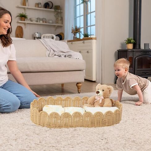 Handmade Scalloped Rattan Baby Changing Basket 30 x 16.5 x 5.1 Inch Changing Table Basket for Baby Dresser Extra High Sides Scallop Diaper Organizer for Nursery Decoration in Kuwait