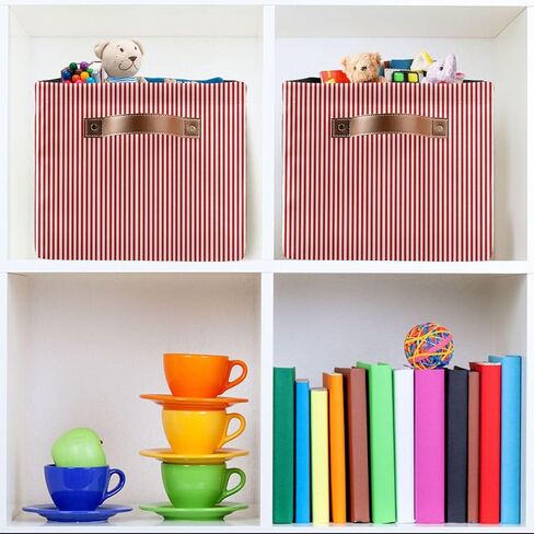 Red White Stripes Storage Basket with Handles Collapsible Canvas Storage Bin Toy Decorative Basket Closet Organizer for Nursery Bedroom Home in Kuwait