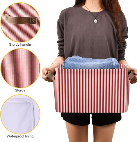 Red White Stripes Storage Basket with Handles Collapsible Canvas Storage Bin Toy Decorative Basket Closet Organizer for Nursery Bedroom Home in Kuwait