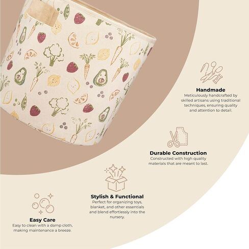 Crane Baby Clementine Canvas Storage Bin, Nursery Hamper and Baby Storage Basket for Toys, Clothes, and Diapers, Toy Baskets, Fabric Nursery Basket, Garden Fruits and Veggies Print, 13" x 12" in Kuwait