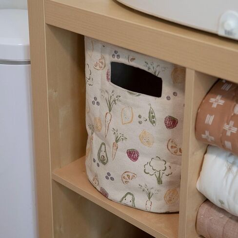 Crane Baby Clementine Canvas Storage Bin, Nursery Hamper and Baby Storage Basket for Toys, Clothes, and Diapers, Toy Baskets, Fabric Nursery Basket, Garden Fruits and Veggies Print, 13" x 12" in Kuwait