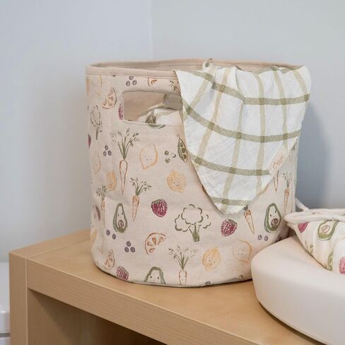 Crane Baby Clementine Canvas Storage Bin, Nursery Hamper and Baby Storage Basket for Toys, Clothes, and Diapers, Toy Baskets, Fabric Nursery Basket, Garden Fruits and Veggies Print, 13" x 12" in Kuwait