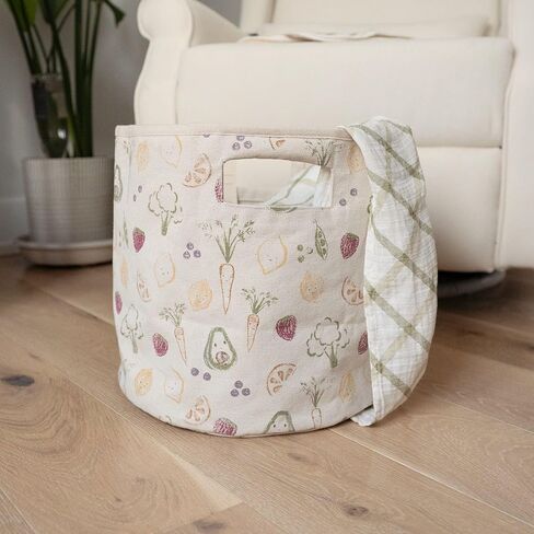 Crane Baby Clementine Canvas Storage Bin, Nursery Hamper and Baby Storage Basket for Toys, Clothes, and Diapers, Toy Baskets, Fabric Nursery Basket, Garden Fruits and Veggies Print, 13" x 12" in Kuwait