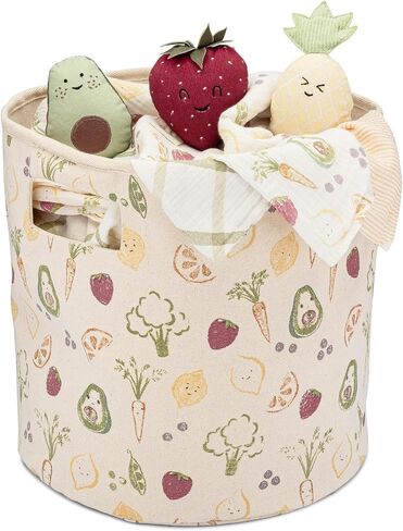 Crane Baby Clementine Canvas Storage Bin, Nursery Hamper and Baby Storage Basket for Toys, Clothes, and Diapers, Toy Baskets, Fabric Nursery Basket, Garden Fruits and Veggies Print, 13" x 12" in Kuwait