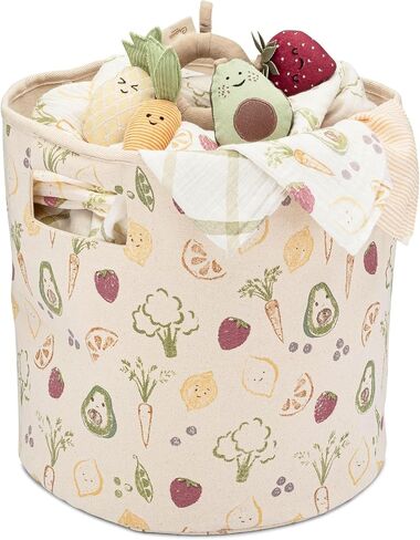Crane Baby Clementine Canvas Storage Bin, Nursery Hamper and Baby Storage Basket for Toys, Clothes, and Diapers, Toy Baskets, Fabric Nursery Basket, Garden Fruits and Veggies Print, 13" x 12" in Kuwait
