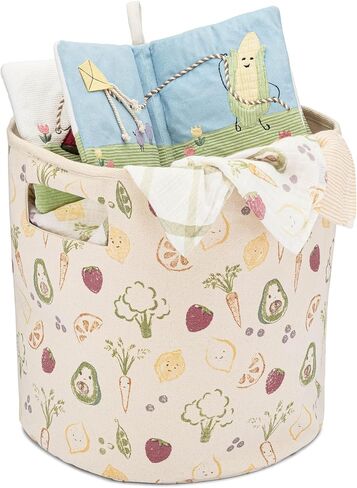 Crane Baby Clementine Canvas Storage Bin, Nursery Hamper and Baby Storage Basket for Toys, Clothes, and Diapers, Toy Baskets, Fabric Nursery Basket, Garden Fruits and Veggies Print, 13" x 12" in Kuwait