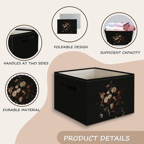 Moody Floral Decor Basket Foldable Storage Bins Box with Handles, Dark Academia Cottagecore Rustic Wildflower Botanical Organizer Basket for Bedroom Bathroom Kids Room Clothes Toys Books in Kuwait