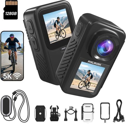 PiXLRUSH 4K POV Mini Body Camera 128GB Storage Action Cam with Touch Screen | Waterproof Case & Magnetic Mount, WiFi App Control, Dual Screen Audio & Video Recording for Cycling, Travel, Vlog in Kuwait