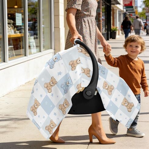 Car Seat Cover for Baby Bear Checkered Print Car Seat Canopy Lightweight Canopy for Sun Protection Carseat Covers for Boys Girls in Kuwait